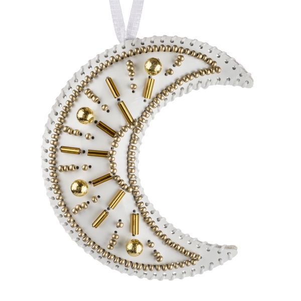 Faux Leather Bead Embroidery Kit &ndash; &ldquo;Crescent Moon Christmas Ornament&rdquo; (Double-Sided) FLBB-128 White
