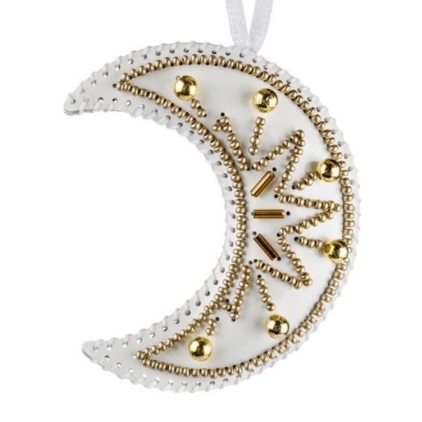 Faux Leather Bead Embroidery Kit &ndash; &ldquo;Crescent Moon Christmas Ornament&rdquo; (Double-Sided) FLBB-128 White