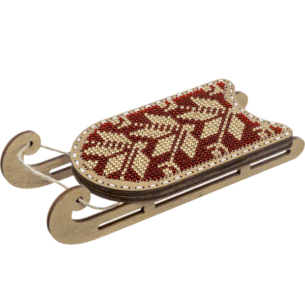 Wooden Bead Embroidery Kit &ndash; &ldquo;Sled Ornament &ndash; Golden Red Pattern&rdquo; FLK-468