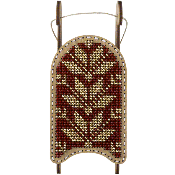 Wooden Bead Embroidery Kit &ndash; &ldquo;Sled Ornament &ndash; Golden Red Pattern&rdquo; FLK-468