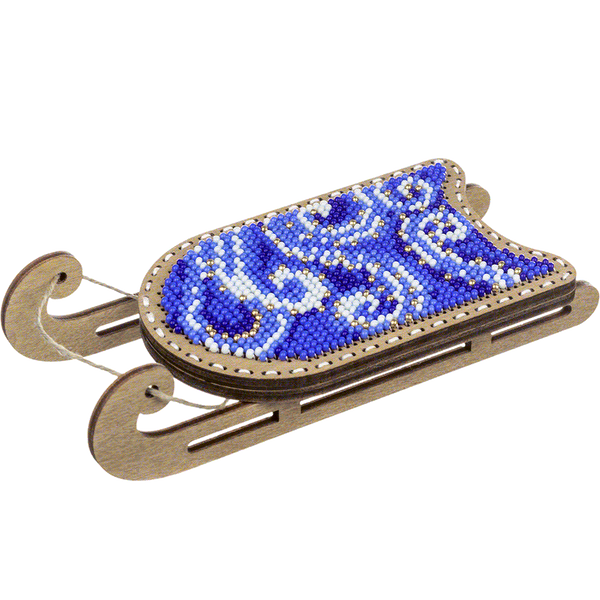 Wooden Bead Embroidery Kit &ndash; &ldquo;Sled Ornament &ndash; Blue and White Pattern&rdquo; FLK-469