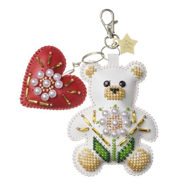 Faux Leather Bead Embroidery Kit &ndash; &ldquo;Bag Charm White Teddy Bear&rdquo; FLBB-192