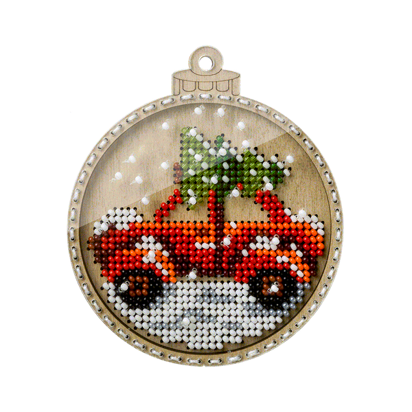 Wooden Bead Embroidery Kit &ndash; &ldquo;Christmas Ornament &ndash; Car With Tree&rdquo; FLK-371