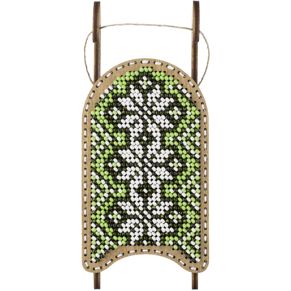 Wooden Bead Embroidery Kit &ndash; &ldquo;Sled Ornament &ndash; White and Green Pattern&rdquo; FLK-471