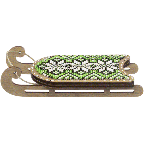 Wooden Bead Embroidery Kit &ndash; &ldquo;Sled Ornament &ndash; White and Green Pattern&rdquo; FLK-471